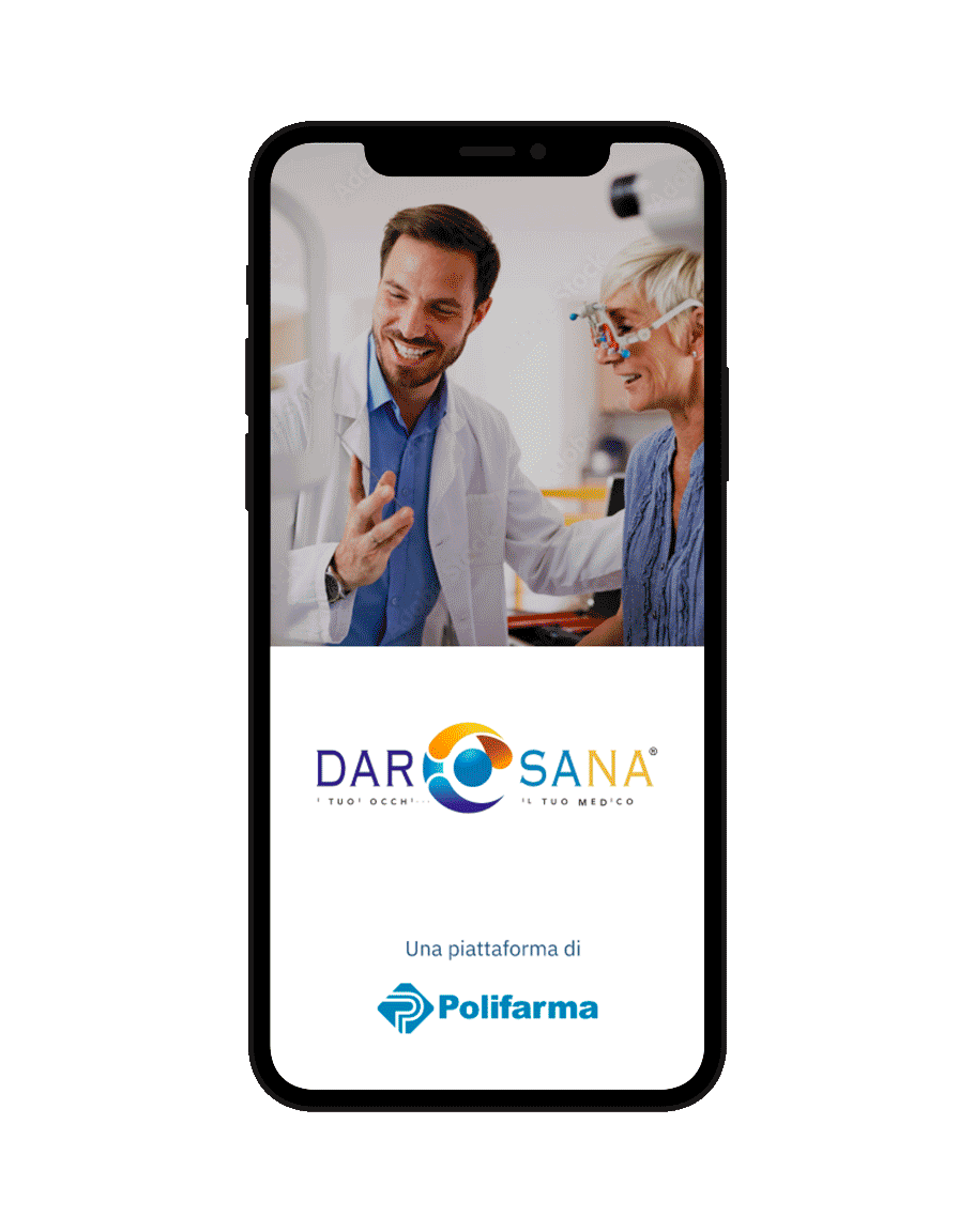Cellulare dove viene presentata l'app di telemedicina Darsana che facilita le comunicazioni tra medico oculista e paziente